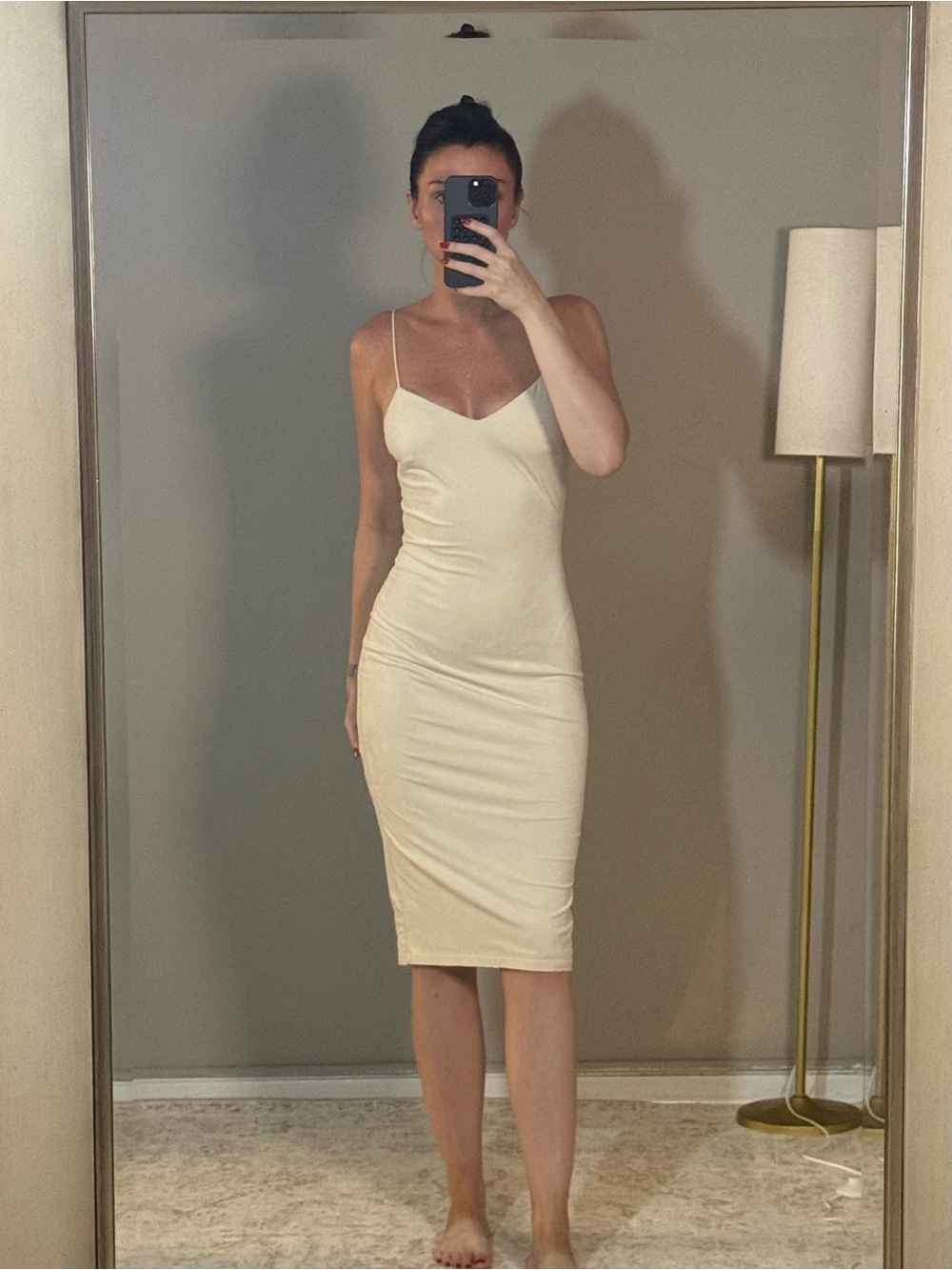 AKIRA Cream Slip Midi Dress with Thin Straps